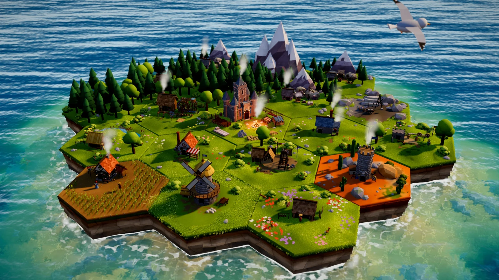 An island of hexes in the sea: a castle in the middle, snowy mountains and forest behind it, a wheat field, a windmill and a meadow of flowers in front, a gull flying past.